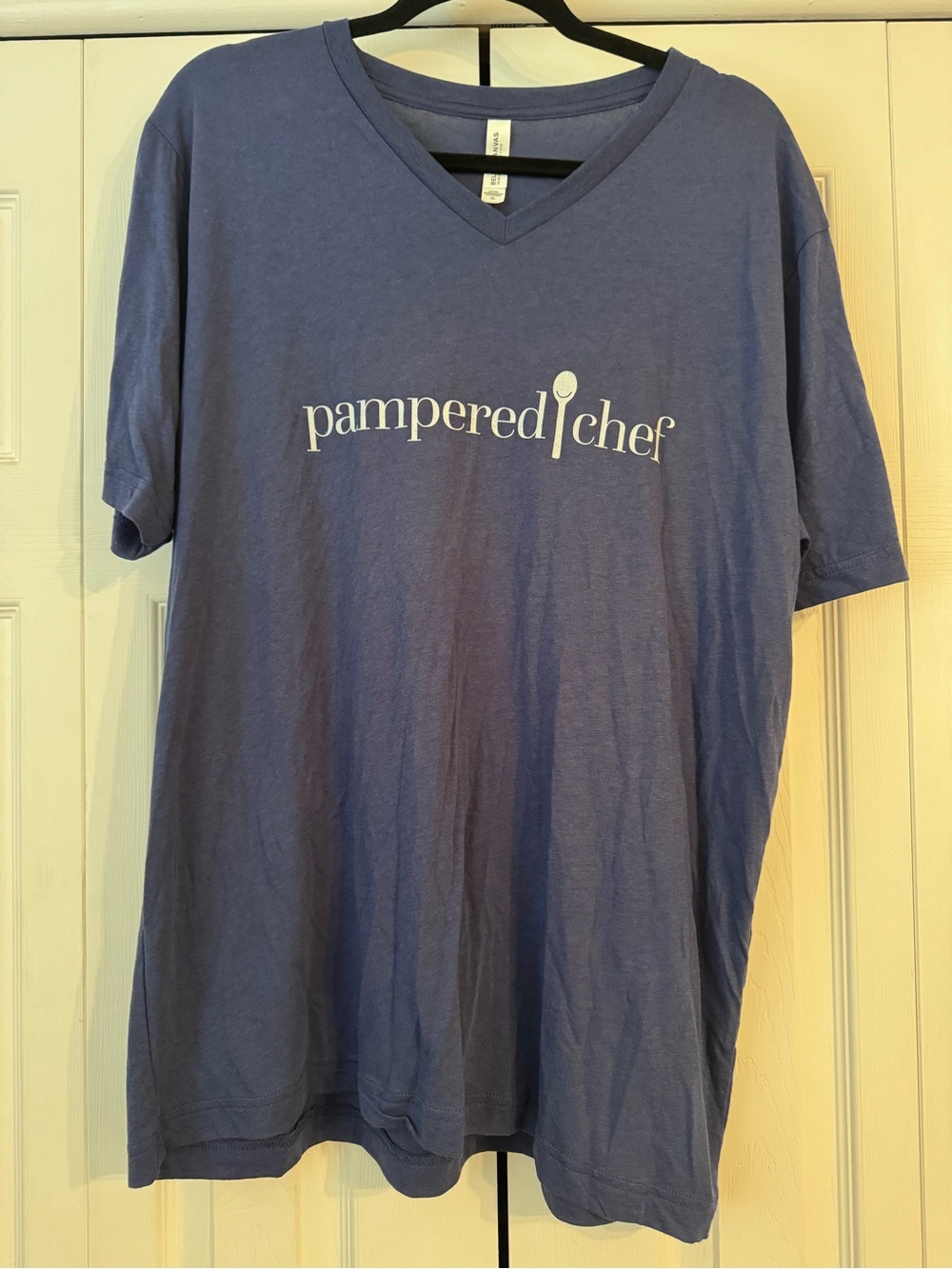 Bella Canvas Short Sleeve V‑Neck Tee in Slate Blue with White Logo